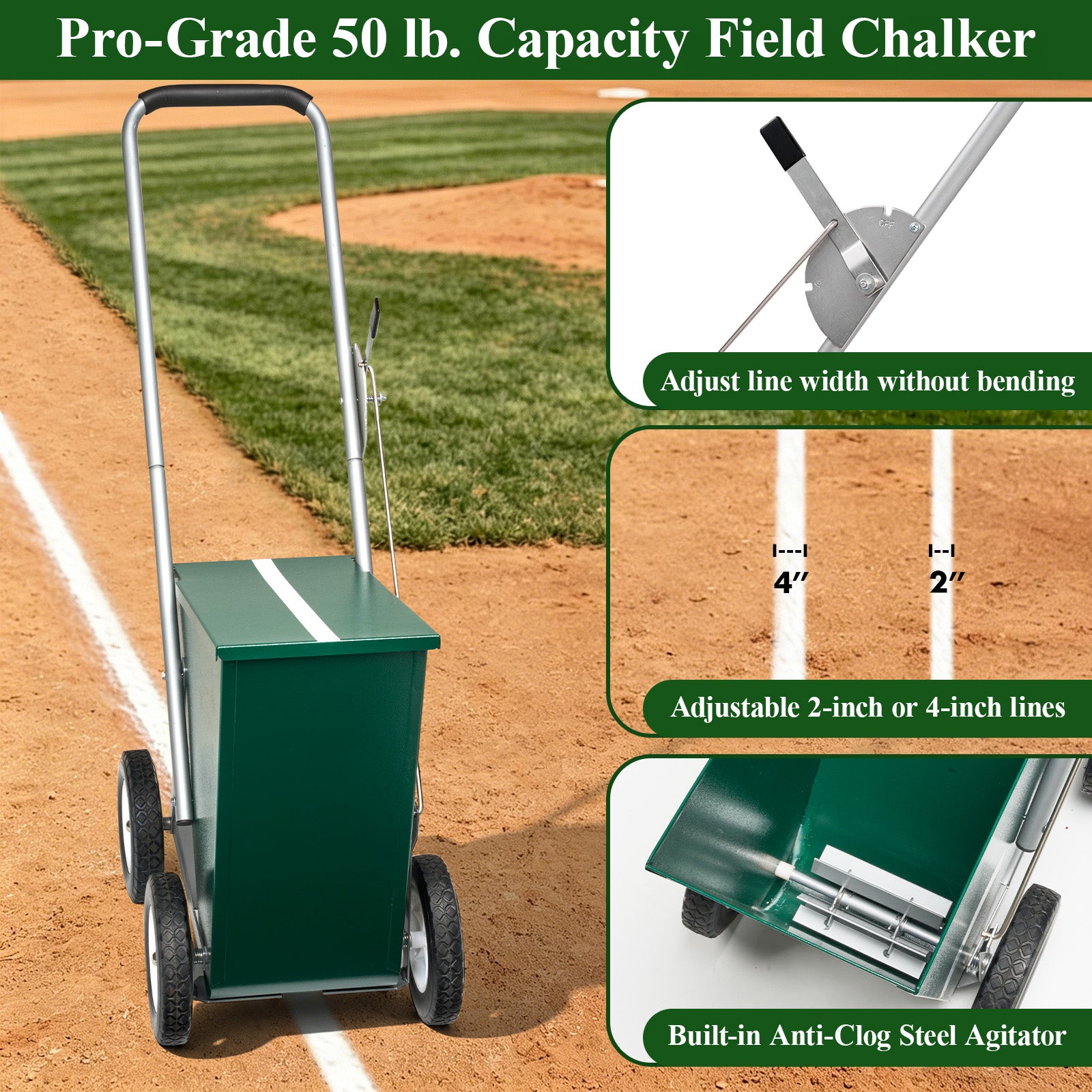 Field chalker for Baseball andSoftball Field, Dry Line Marker, 2" and 4" Wide Lines Adjustable, 50 Lbs