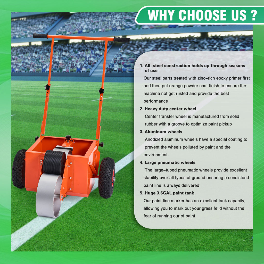 Wheel Transfer Line Marker for Sports Fields, 4 inch Wide Line, Durable Steel Paint Tank, Adjustable Handle, Big Pneumatic Wheels