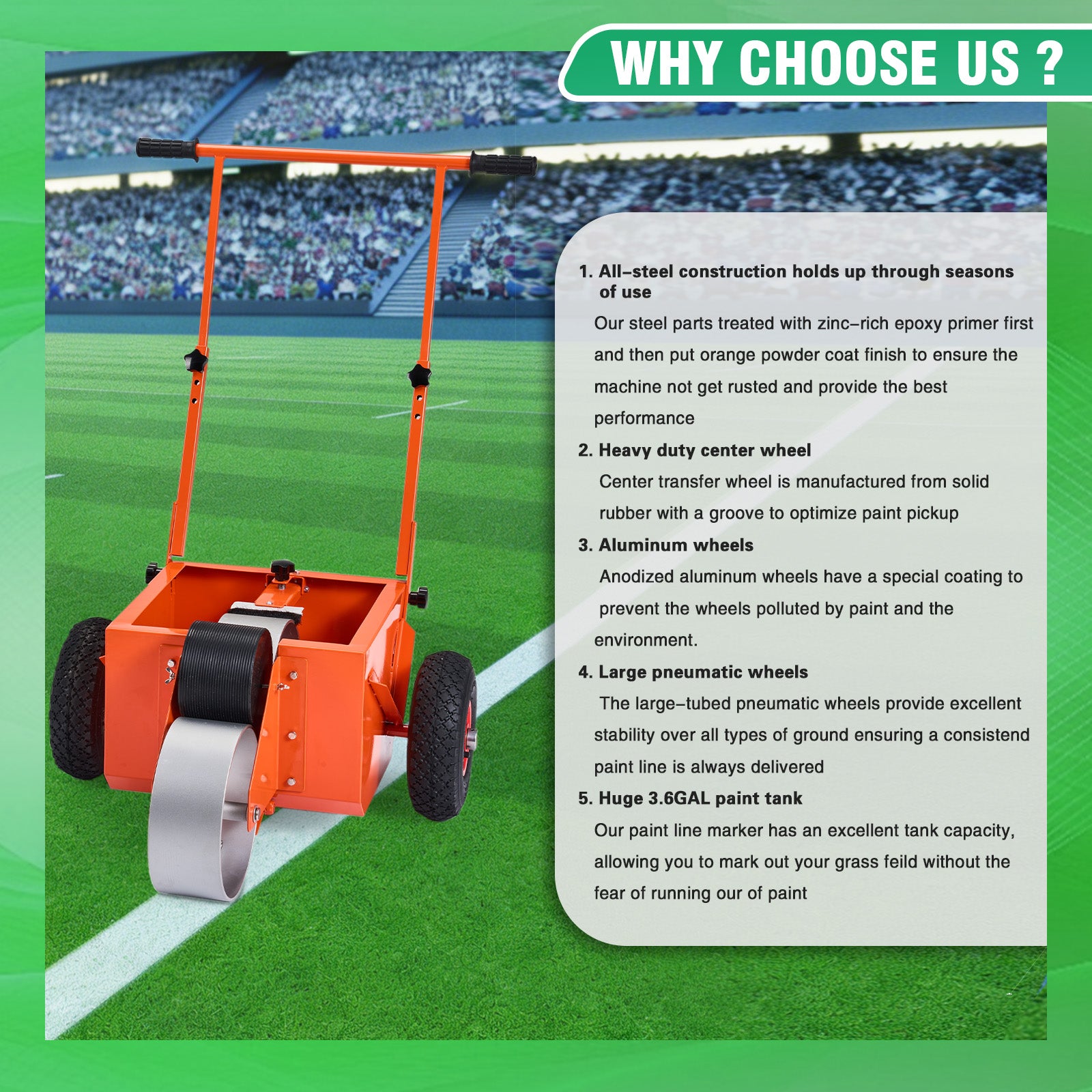 Wheel Transfer Line Marker for Sports Fields, 4 inch Wide Line, Durable Steel Paint Tank, Adjustable Handle, Big Pneumatic Wheels